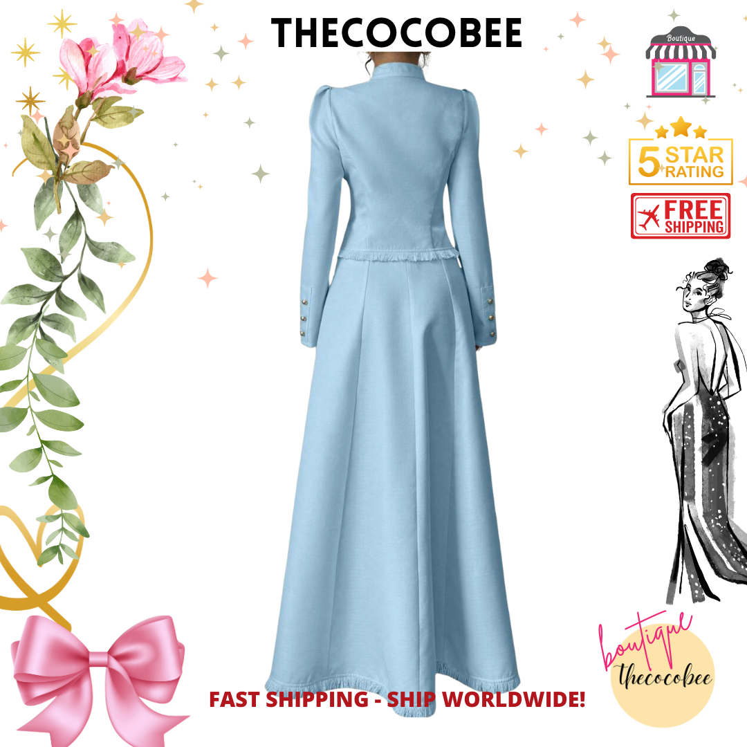 #001 2pcs/Set Women Elegant Patchwork Tassels Coat & Dress Blue
