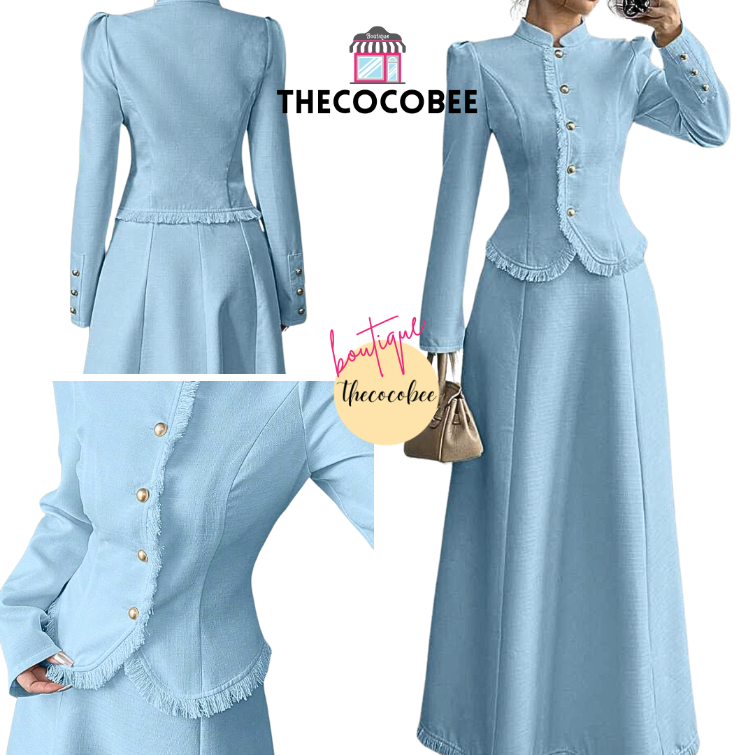#001 2pcs/Set Women Elegant Patchwork Tassels Coat & Dress Blue