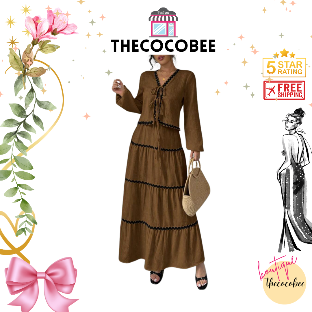 #002 2pc Elegant French Lantern Bow Women Dress Set in Brown