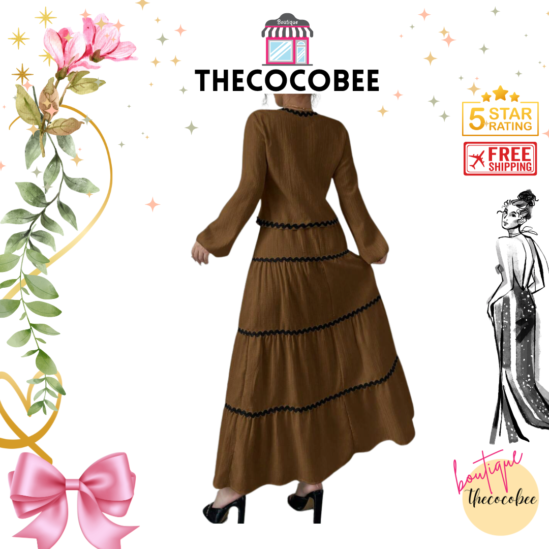 #002 2pc Elegant French Lantern Bow Women Dress Set in Brown