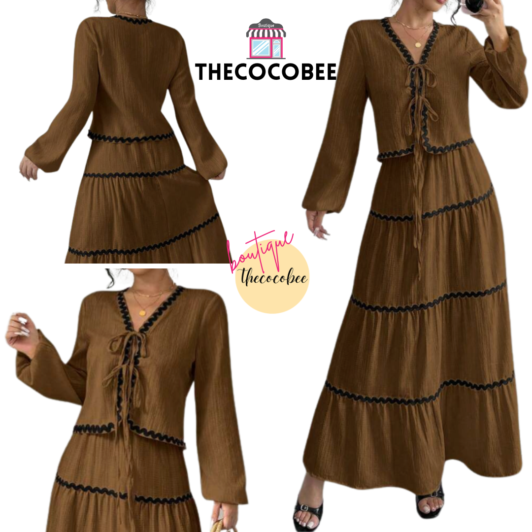 #002 2pc Elegant French Lantern Bow Women Dress Set in Brown