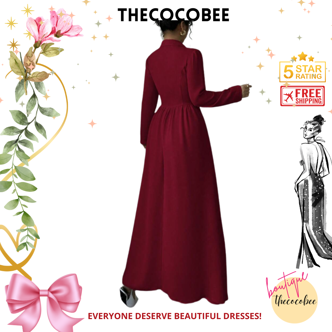 #004 thecocobeeluxe Collared Long Sleeve A-Line Dress Spring/Winter Look Burgundy