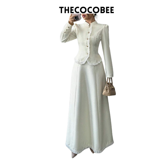 #001 2pcs/Set Women Elegant Patchwork Tassels Coat & Dress White