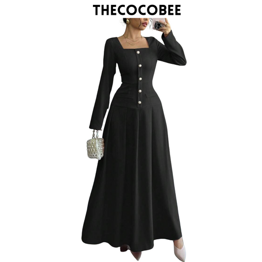 #005 Square Neck Long Sleeve Pleated Waist Dress in Black