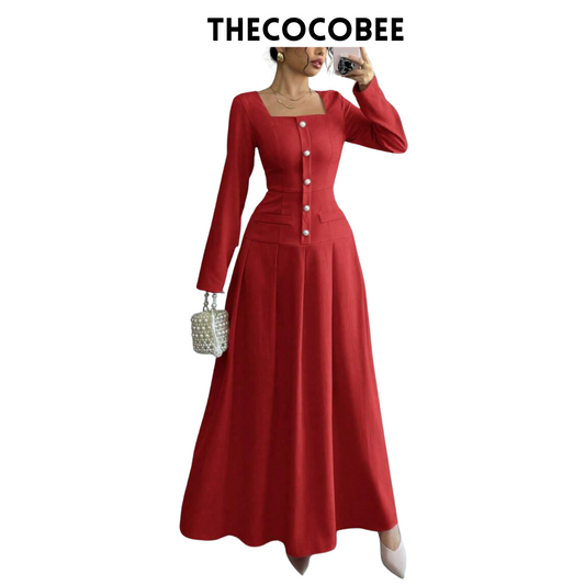 #005 Square Neck Long Sleeve Pleated Waist Dress in Red