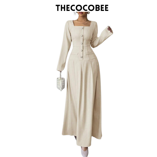 #005 Square Neck Long Sleeve Pleated Waist Dress in Apricot