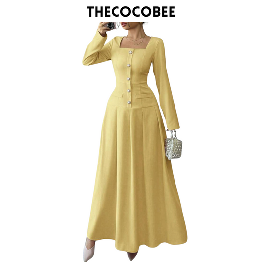 #005 Square Neck Long Sleeve Pleated Waist Dress in Yellow