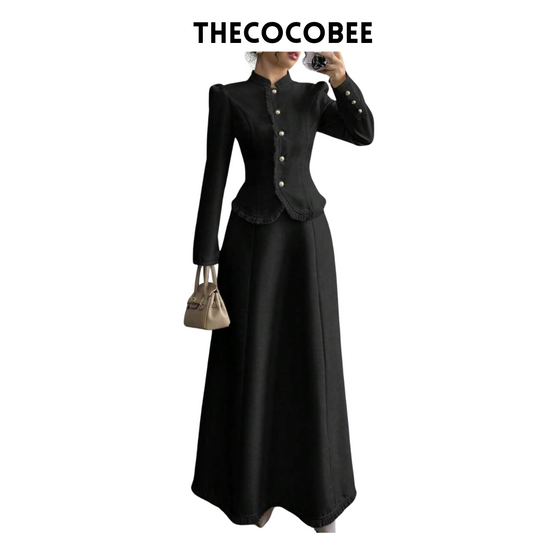 #001 2pcs/Set Women Elegant Patchwork Tassels Coat & Dress Black