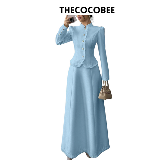 #001 2pcs/Set Women Elegant Patchwork Tassels Coat & Dress Blue