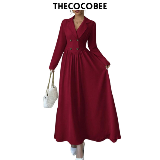 #004 Collared Long Sleeve A-Line Dress Spring/Winter Look Burgundy