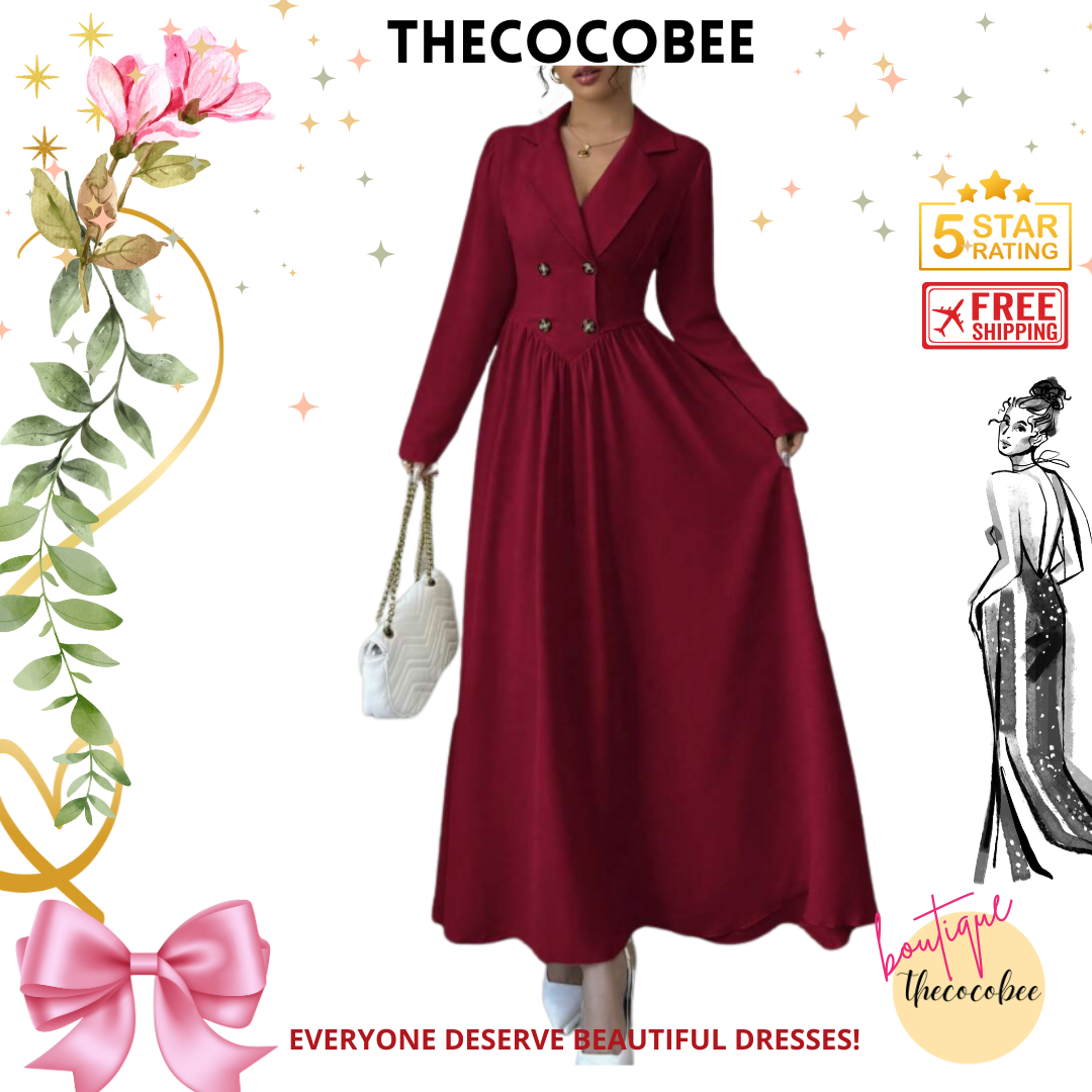 #004 thecocobeeluxe Collared Long Sleeve A-Line Dress Spring/Winter Look Burgundy