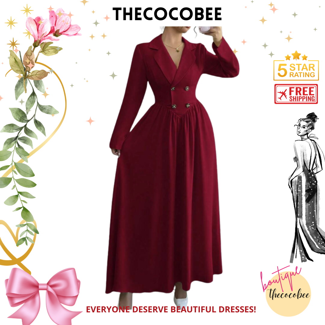 #004 thecocobeeluxe Collared Long Sleeve A-Line Dress Spring/Winter Look Burgundy