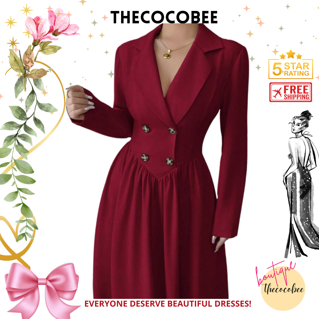 #004 thecocobeeluxe Collared Long Sleeve A-Line Dress Spring/Winter Look Burgundy
