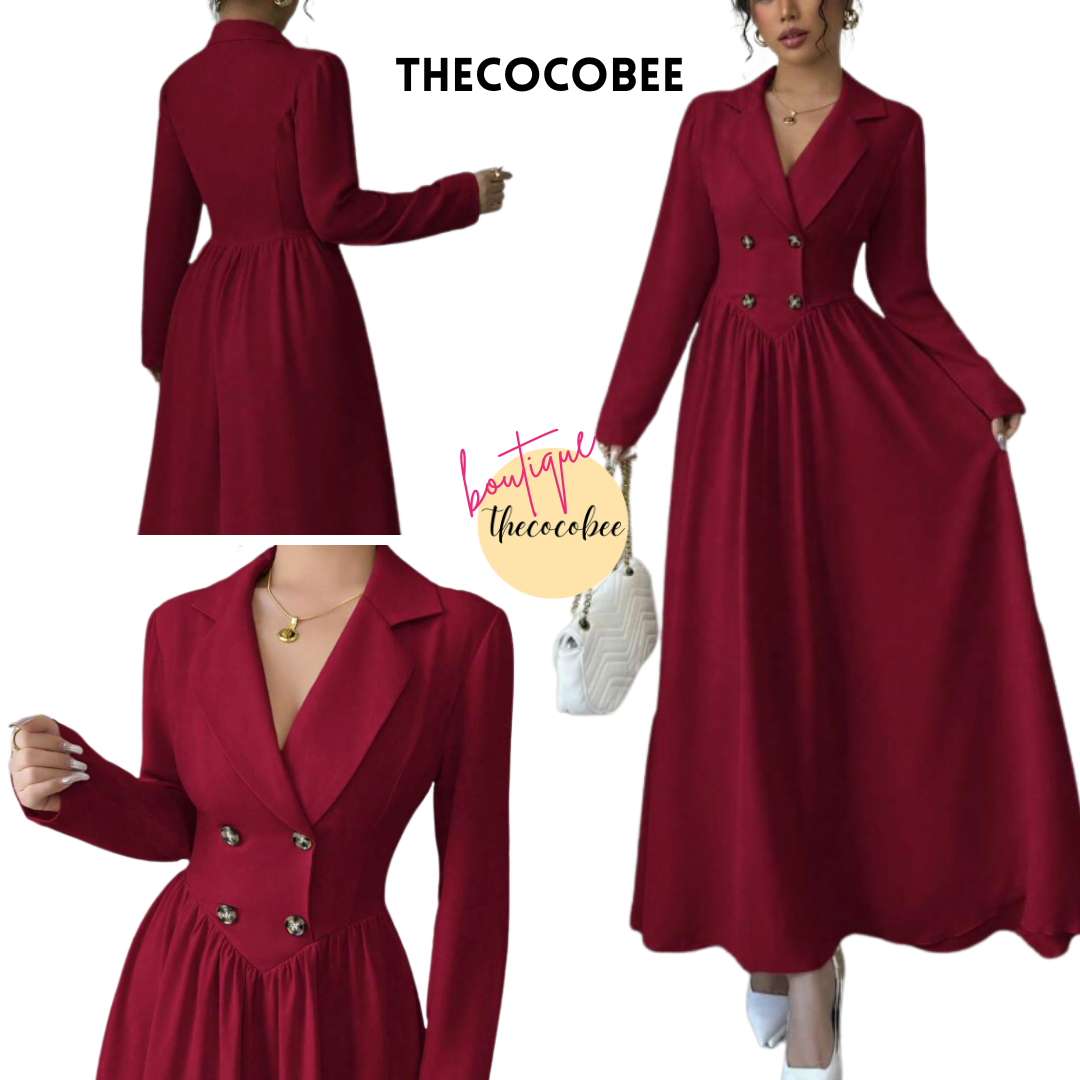 #004 thecocobeeluxe Collared Long Sleeve A-Line Dress Spring/Winter Look Burgundy