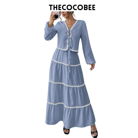 #002 2pc Elegant French Lantern Bow Dress Set in Blue