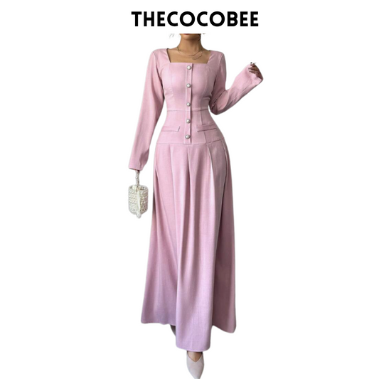#005 Square Neck Long Sleeve Pleated Waist Dress in Pink