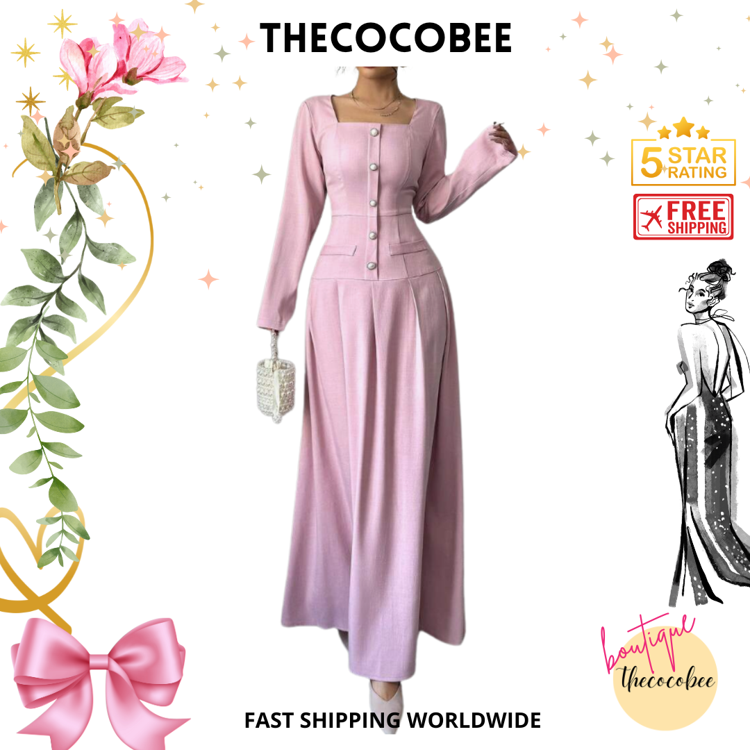 #005 Square Neck Long Sleeve Pleated Waist Dress in Pink