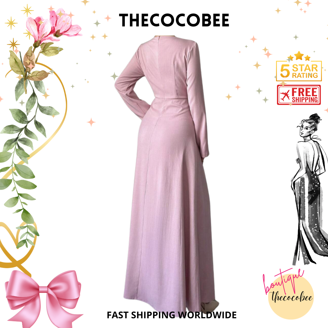#005 Square Neck Long Sleeve Pleated Waist Dress in Pink