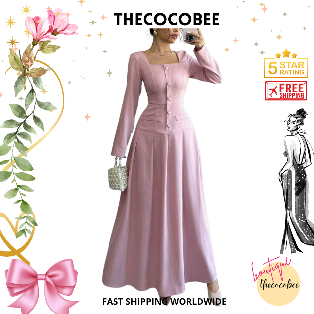 #005 Square Neck Long Sleeve Pleated Waist Dress in Pink