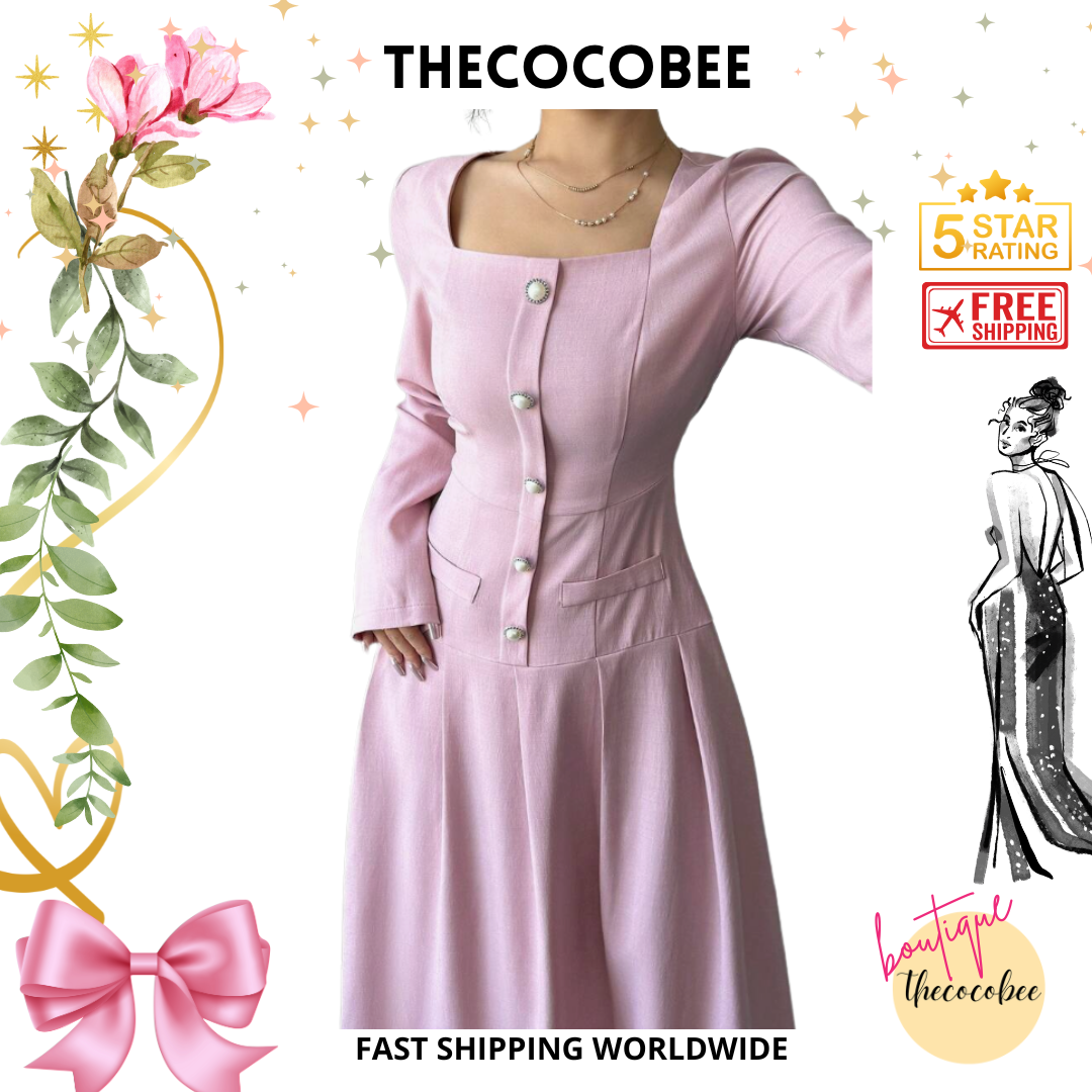#005 Square Neck Long Sleeve Pleated Waist Dress in Pink