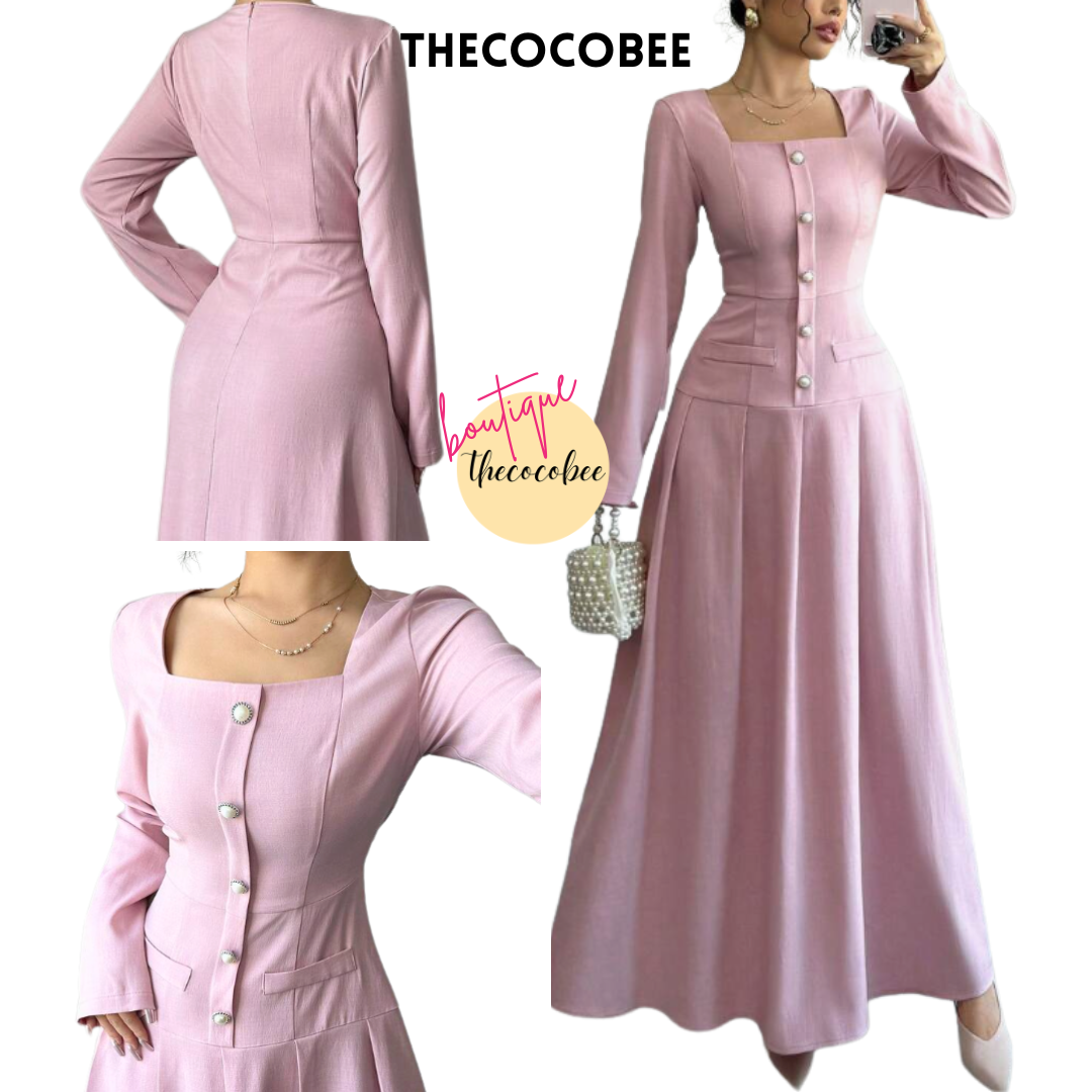 #005 Square Neck Long Sleeve Pleated Waist Dress in Pink
