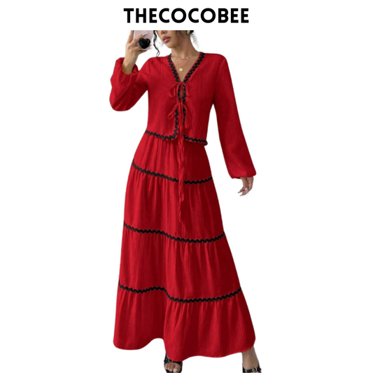 #002 2pc Elegant French Lantern Bow Dress Set in Red