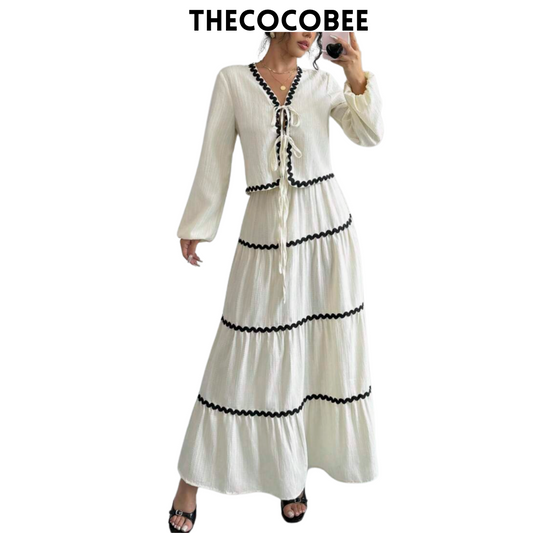 #002 2pc Elegant French Lantern Bow Dress Set in Apricot