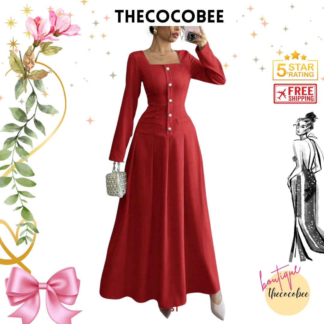 #005 Square Neck Long Sleeve Pleated Waist Dress in Red