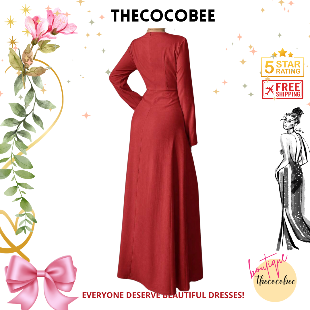 #005 Square Neck Long Sleeve Pleated Waist Dress in Red