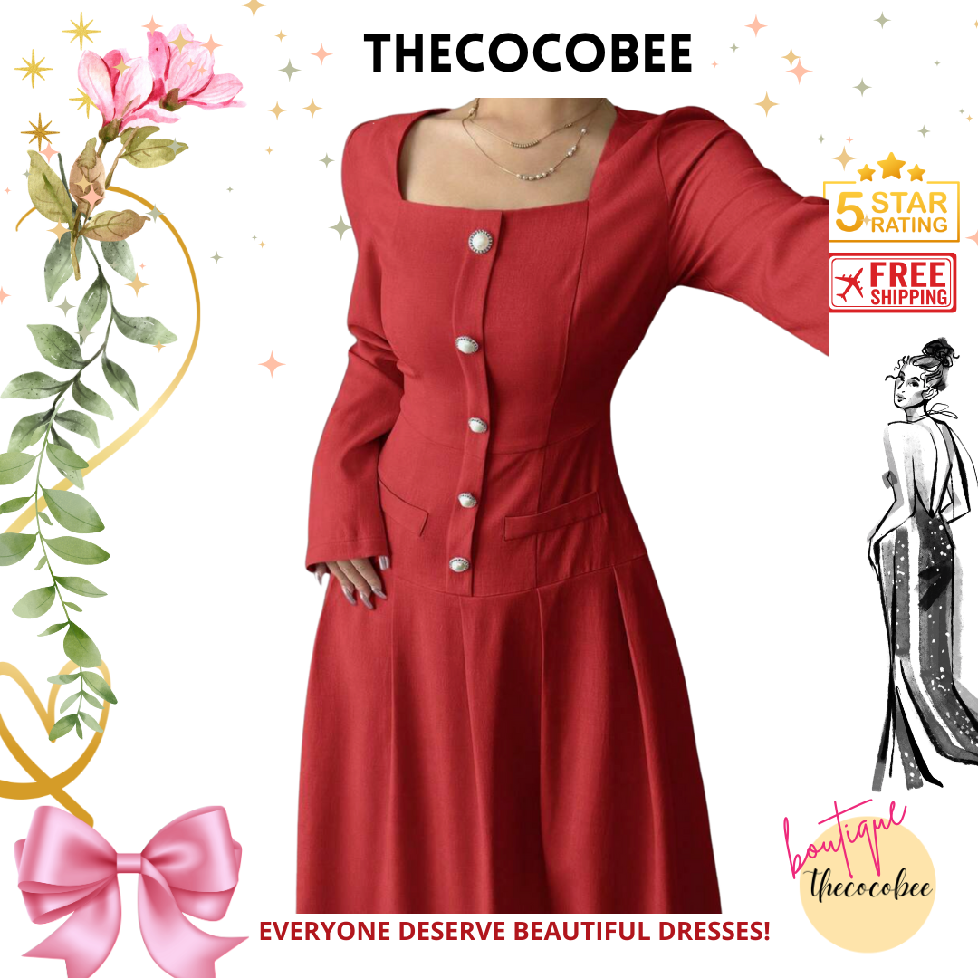 #005 Square Neck Long Sleeve Pleated Waist Dress in Red