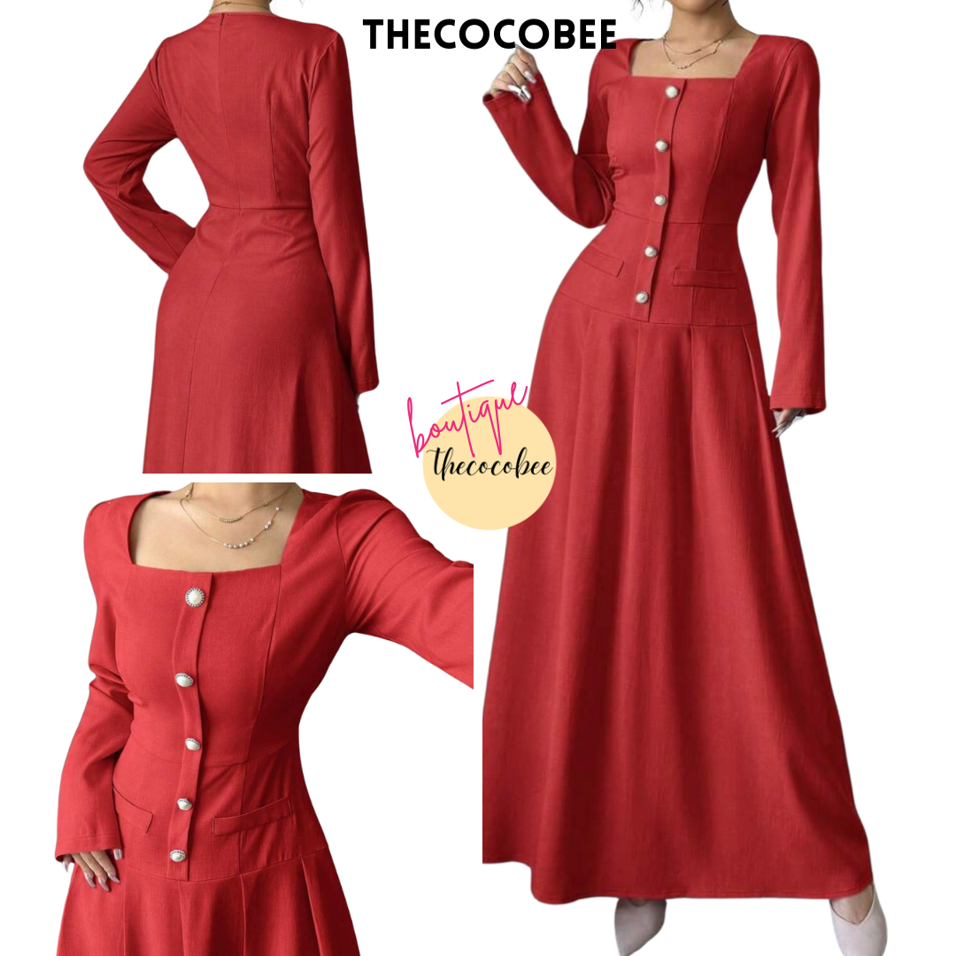 #005 Square Neck Long Sleeve Pleated Waist Dress in Red