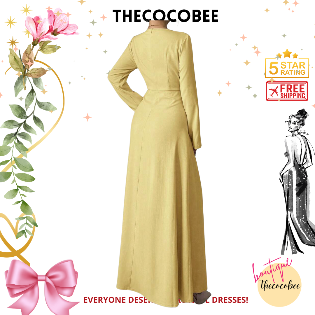 #005 Square Neck Long Sleeve Pleated Waist Dress in Yellow