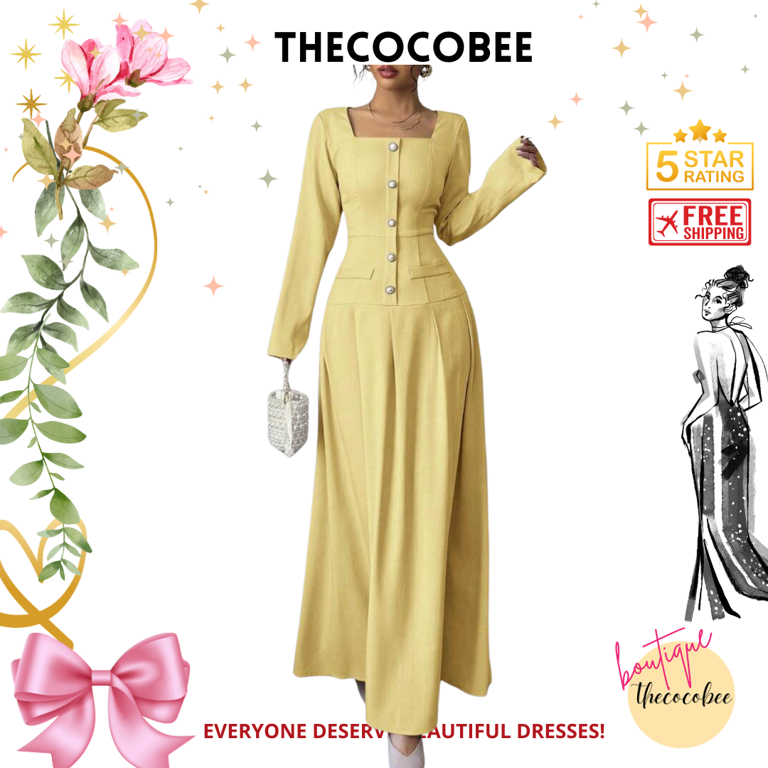 #005 Square Neck Long Sleeve Pleated Waist Dress in Yellow