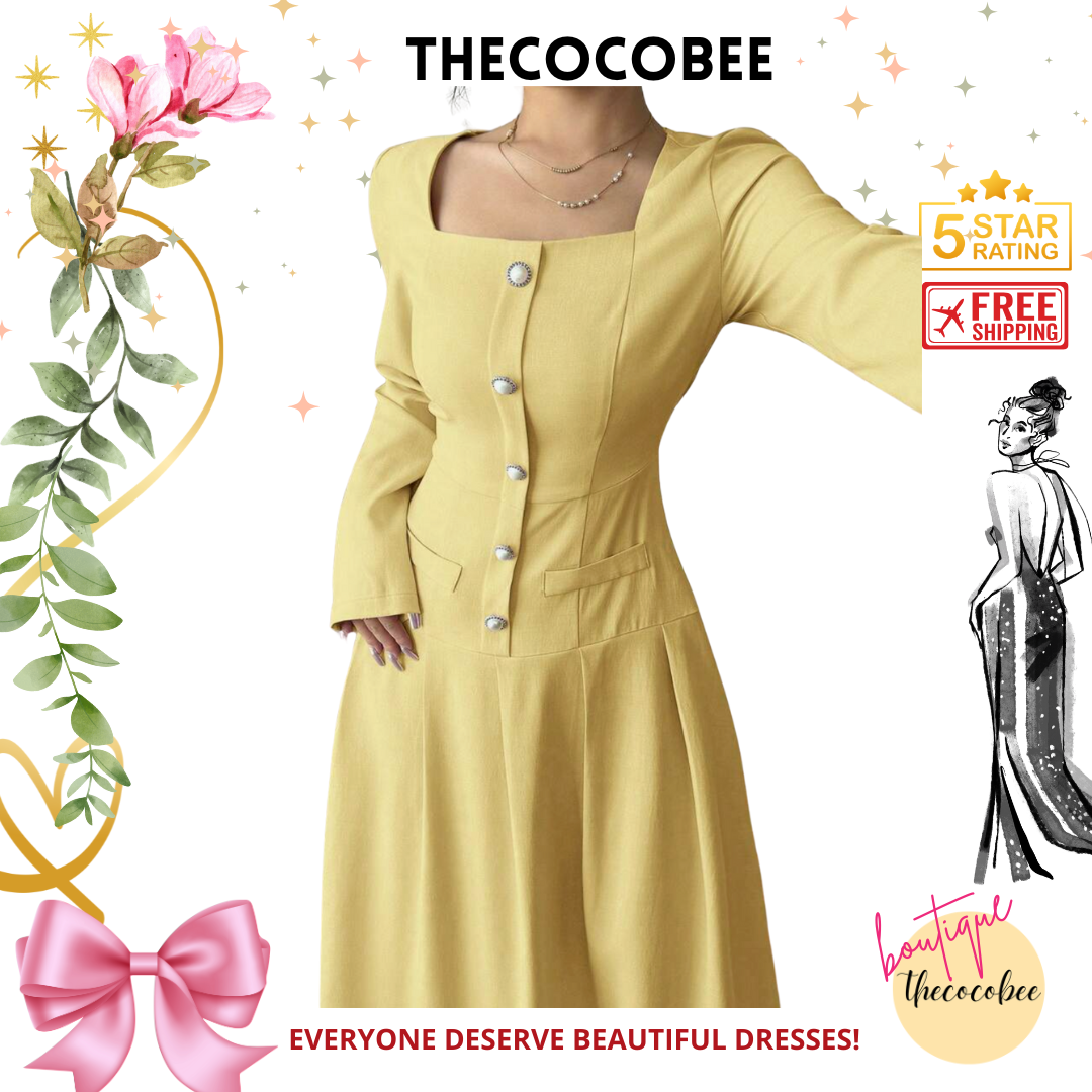 #005 Square Neck Long Sleeve Pleated Waist Dress in Yellow