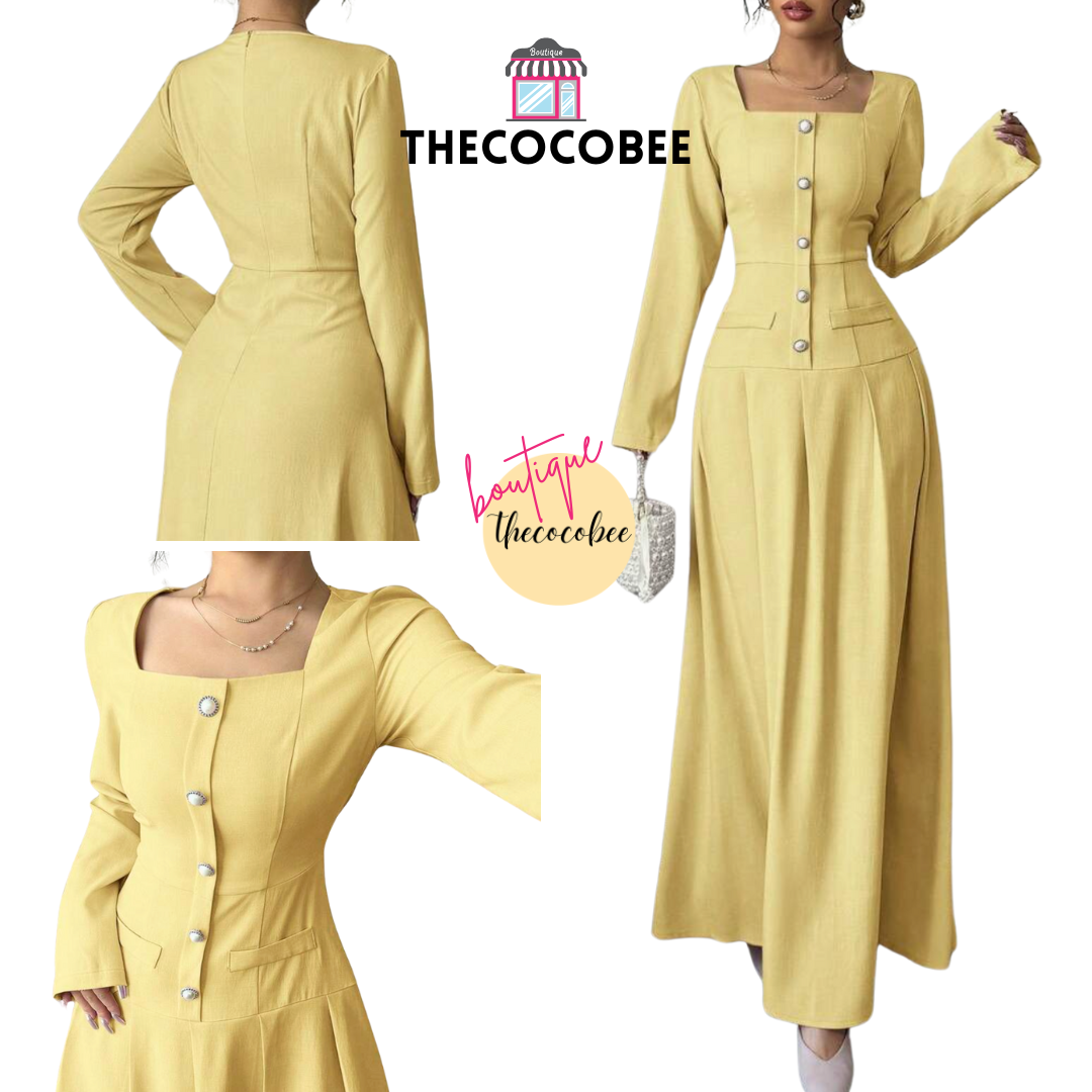 #005 Square Neck Long Sleeve Pleated Waist Dress in Yellow
