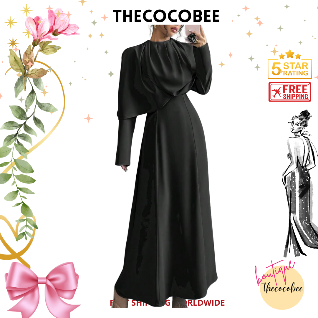 #007 Elegant Solid Pleated Cinched Waist Maxi Dress Outfit in Black