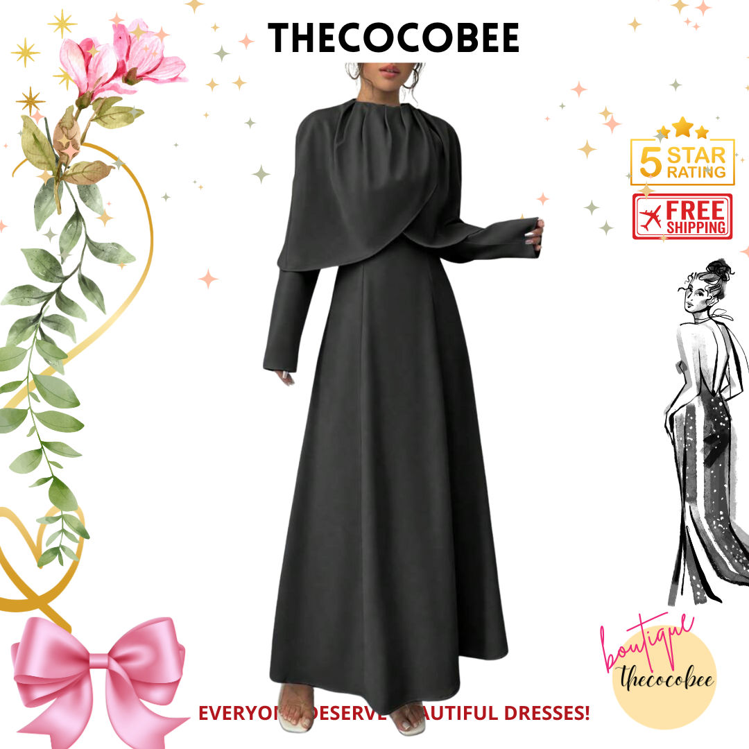 #007 Elegant Solid Pleated Cinched Waist Maxi Dress Outfit in Black