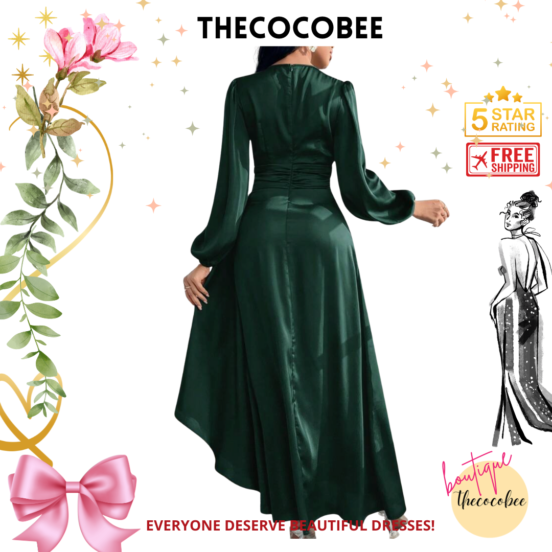 #012 Dress Elegant Lantern Sleeve A-Line Dress - Emerald Green