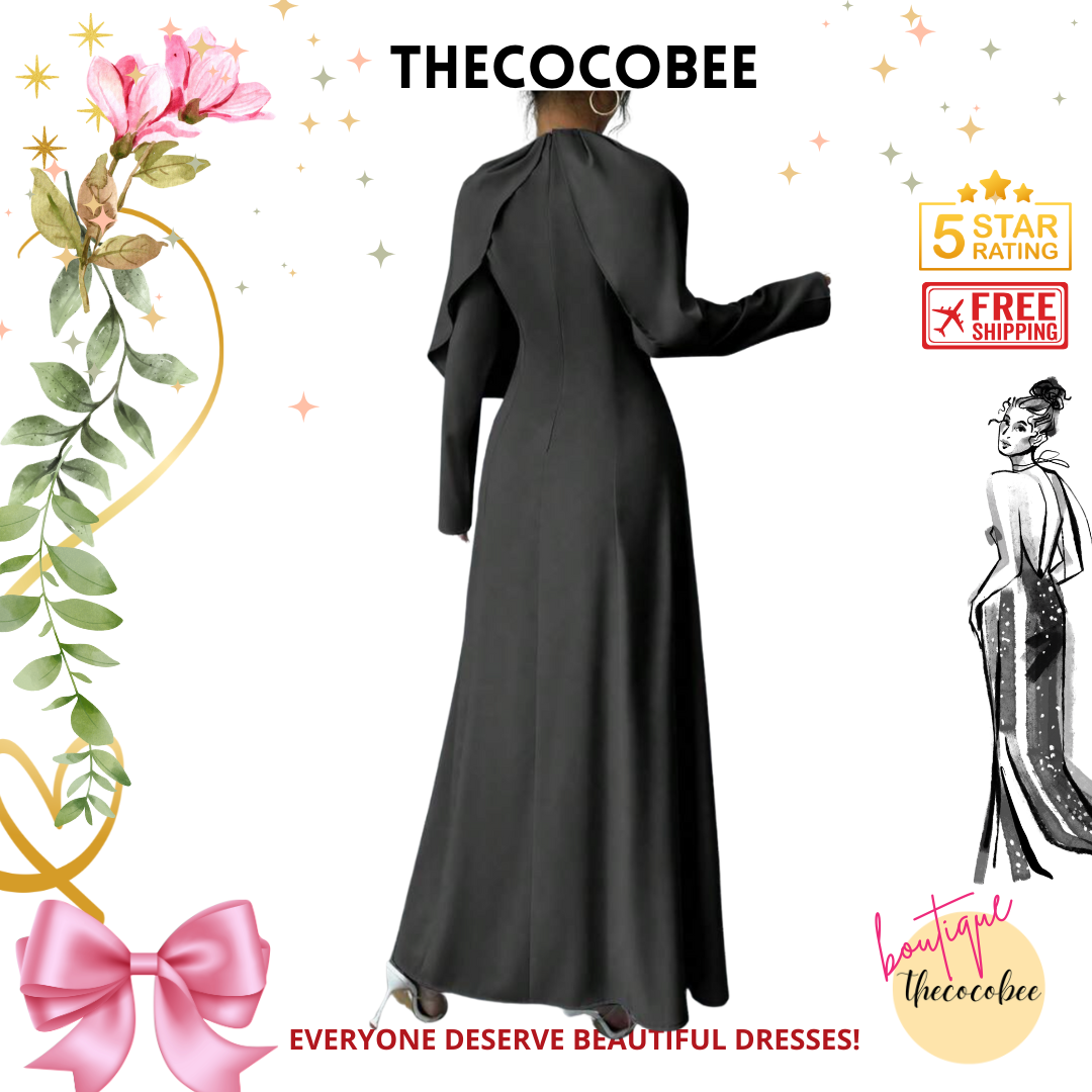 #007 Elegant Solid Pleated Cinched Waist Maxi Dress Outfit in Black