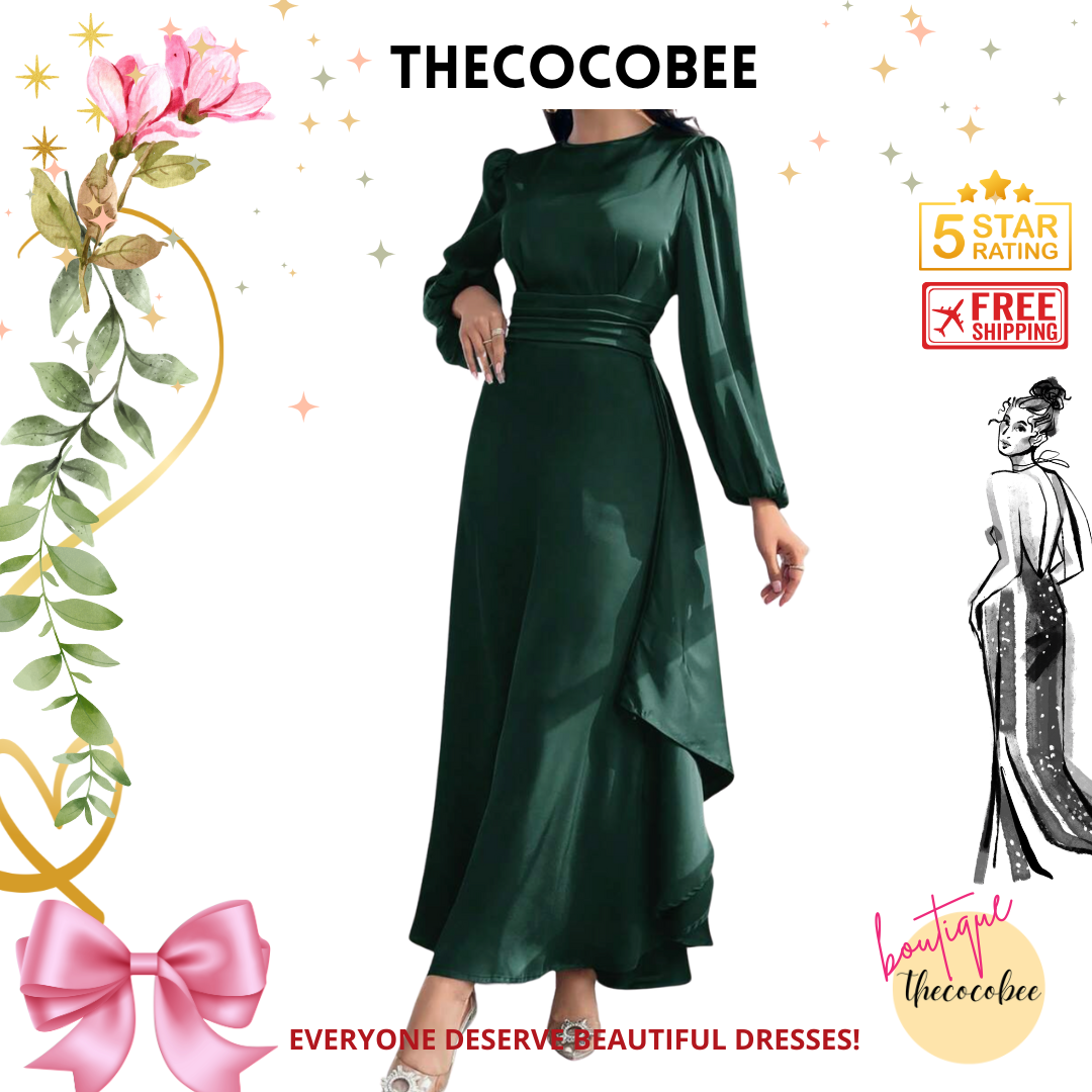 #012 Dress Elegant Lantern Sleeve A-Line Dress - Emerald Green