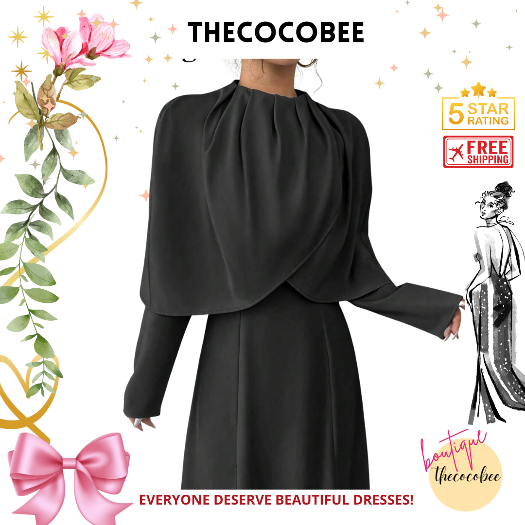 #007 Elegant Solid Pleated Cinched Waist Maxi Dress Outfit in Black