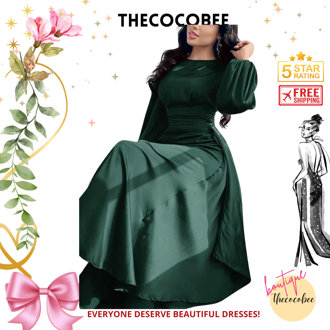 #012 Dress Elegant Lantern Sleeve A-Line Dress - Emerald Green
