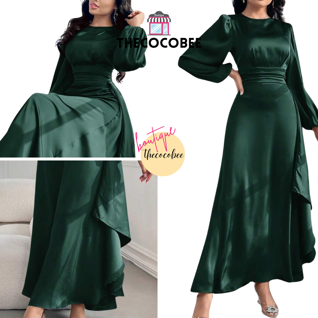 #012 Dress Elegant Lantern Sleeve A-Line Dress - Emerald Green