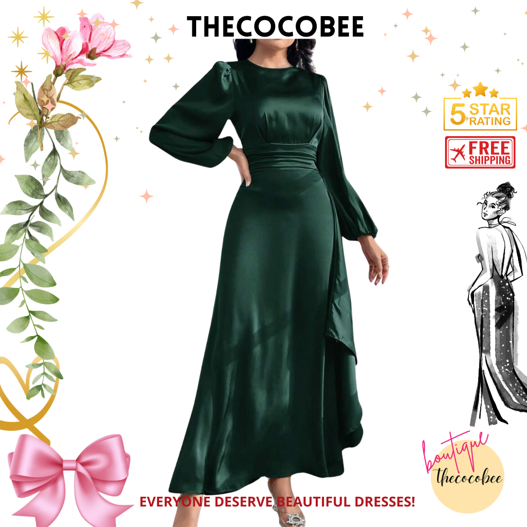#012 Dress Elegant Lantern Sleeve A-Line Dress - Emerald Green