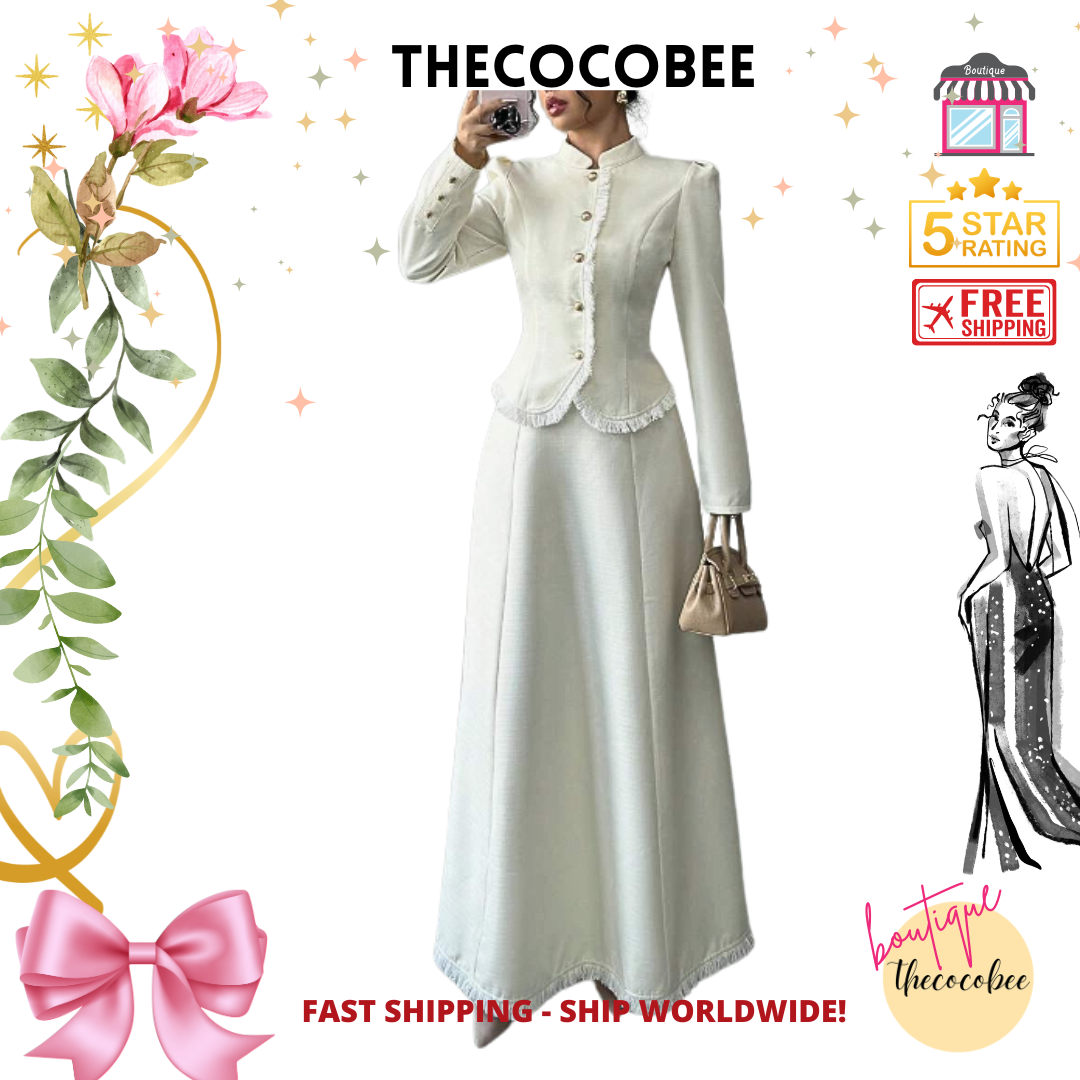 #001 2pcs/Set Women Elegant Patchwork Tassels Coat & Dress White