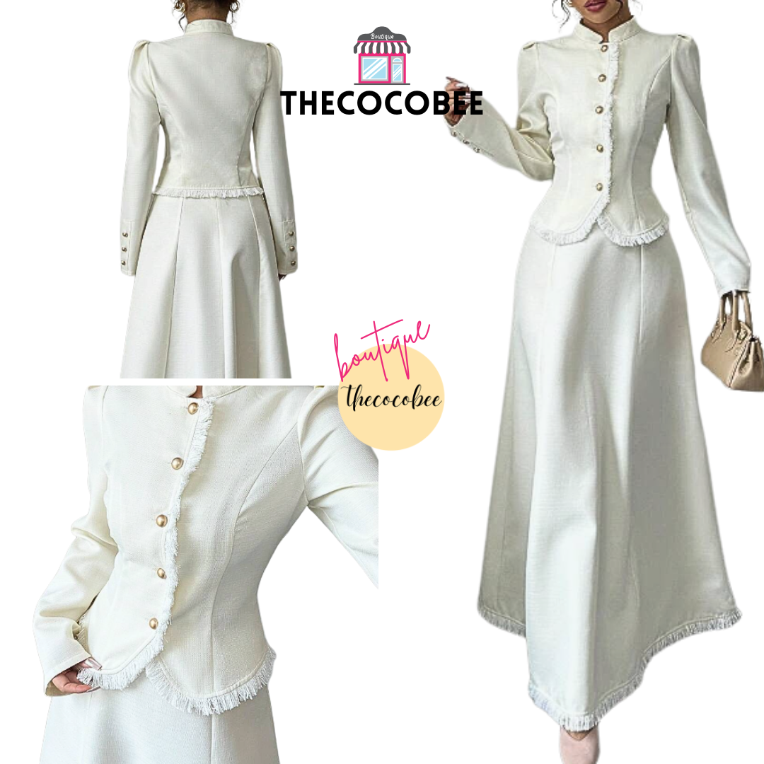 #001 2pcs/Set Women Elegant Patchwork Tassels Coat & Dress White