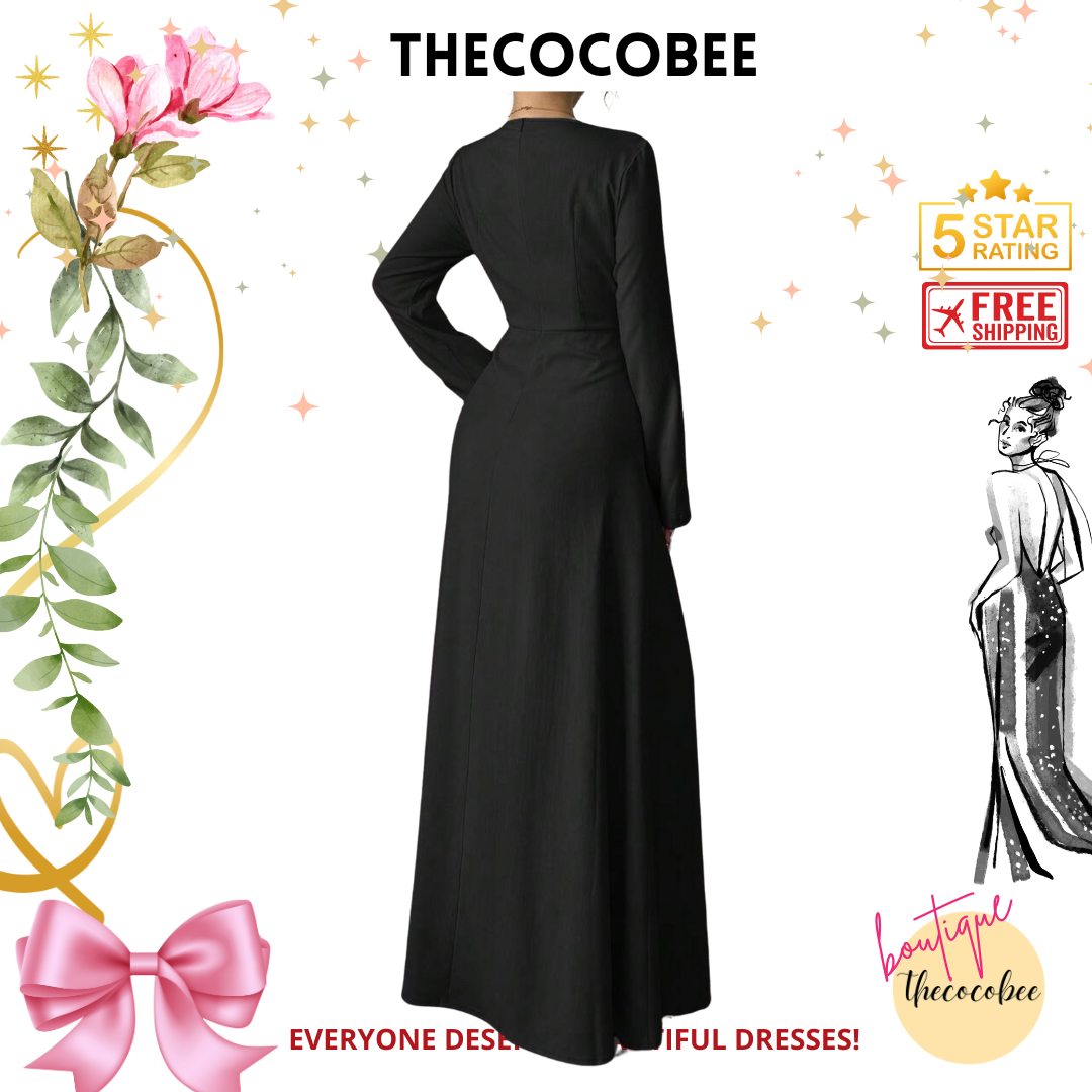 #005 Square Neck Long Sleeve Pleated Waist Dress in Black