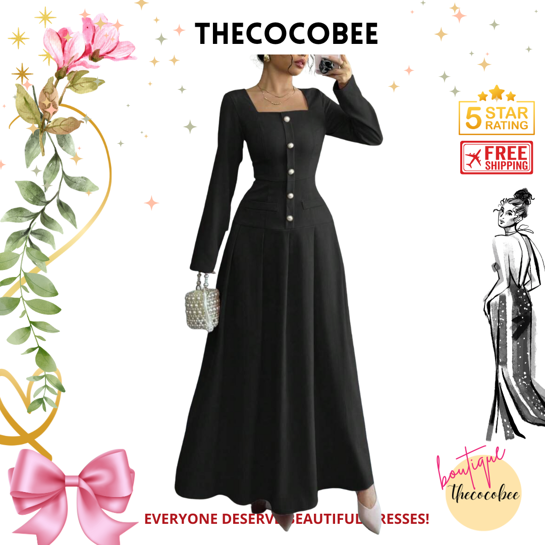 #005 Square Neck Long Sleeve Pleated Waist Dress in Black