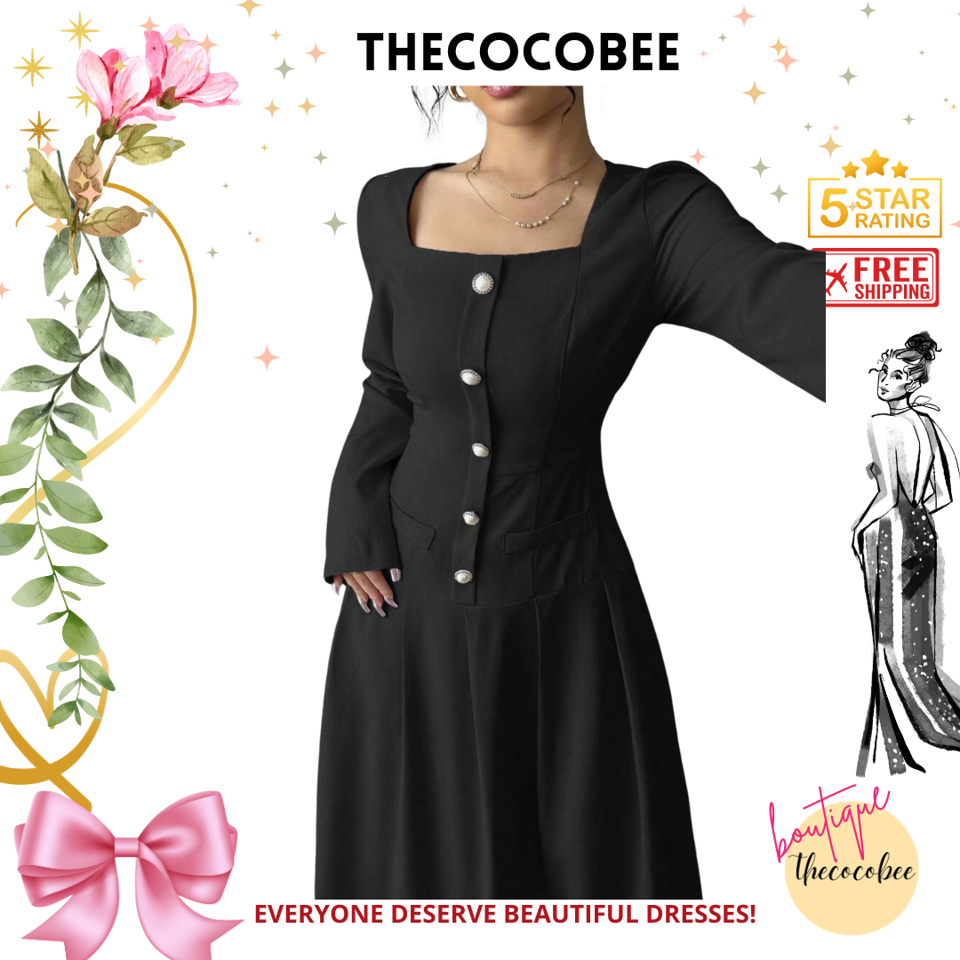 #005 Square Neck Long Sleeve Pleated Waist Dress in Black