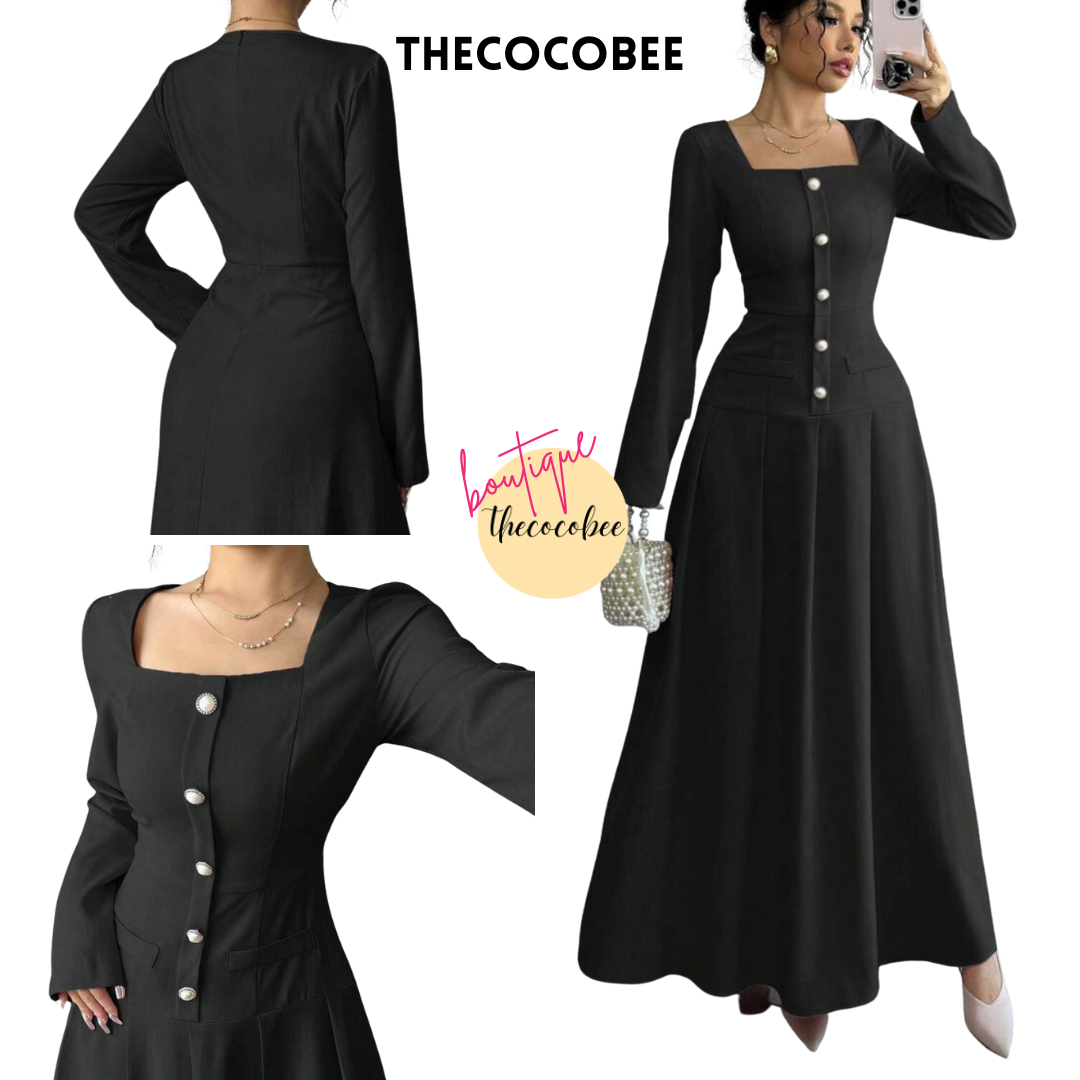 #005 Square Neck Long Sleeve Pleated Waist Dress in Black